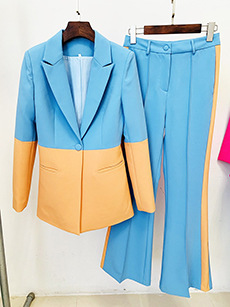 Trendy Color Block Blazer And Flared Pants Set - Image 6