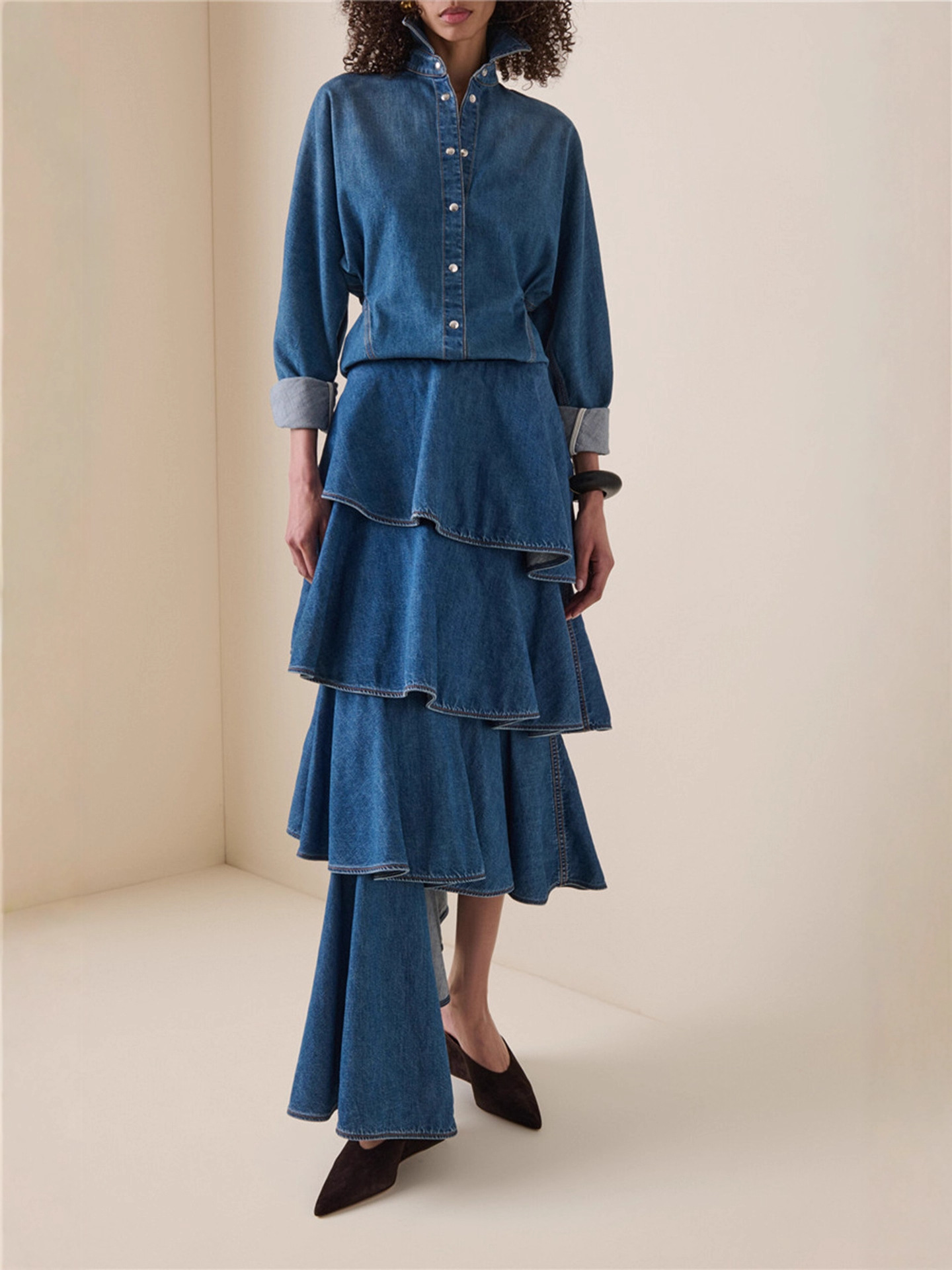 Trendy Denim Two-Piece Set With Asymmetrical Ruffled Skirt - Image 5