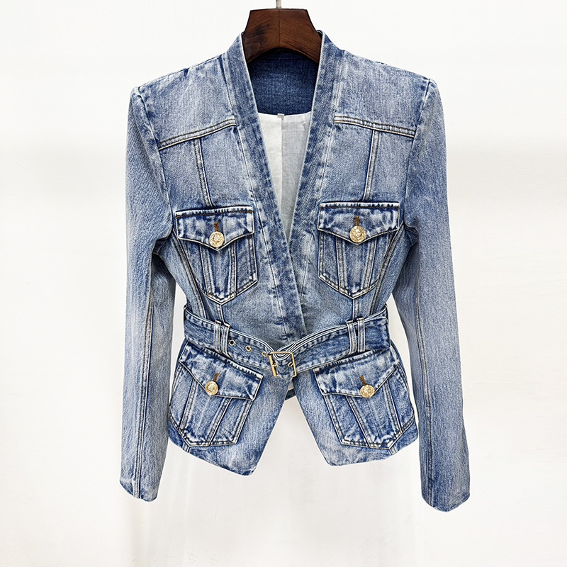 Trendy Slim-Fit Denim Blazer With Belt - Image 2