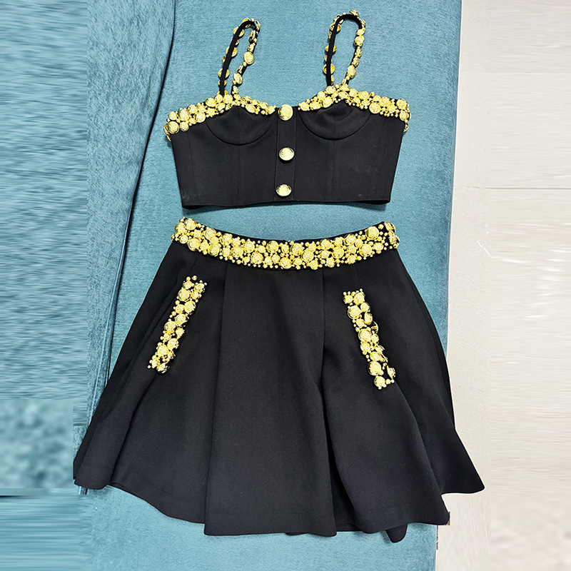 Fashionable Gold Button Decorated Cami Top And Maxi Skirt Set - Image 3