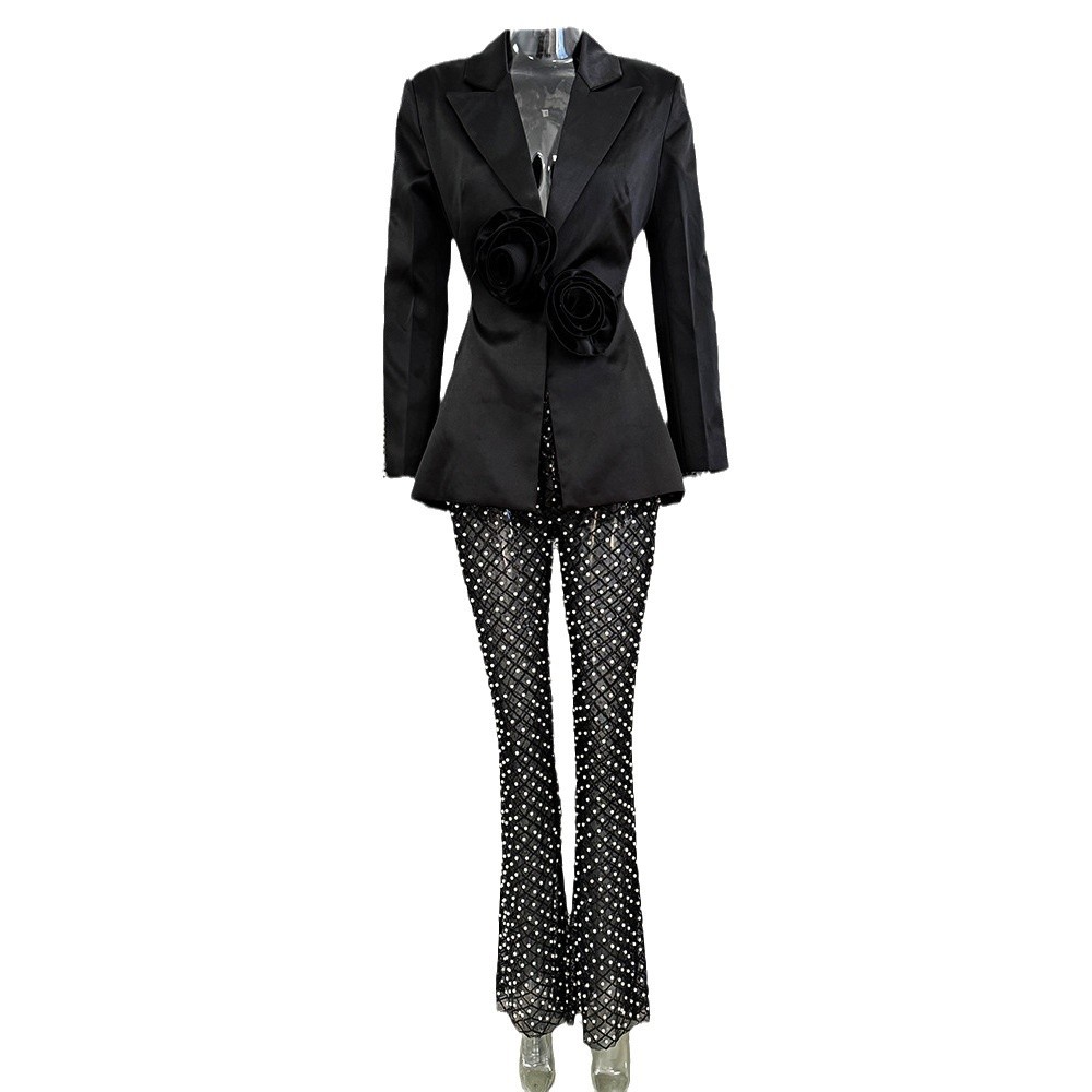 Trendy Hollow Floral Beaded Blazer Pants Set - Image 5