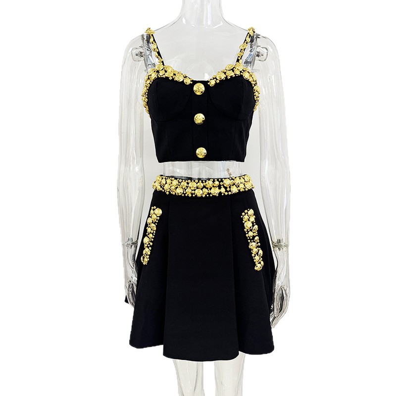 Fashionable Gold Button Decorated Cami Top And Maxi Skirt Set - Image 5