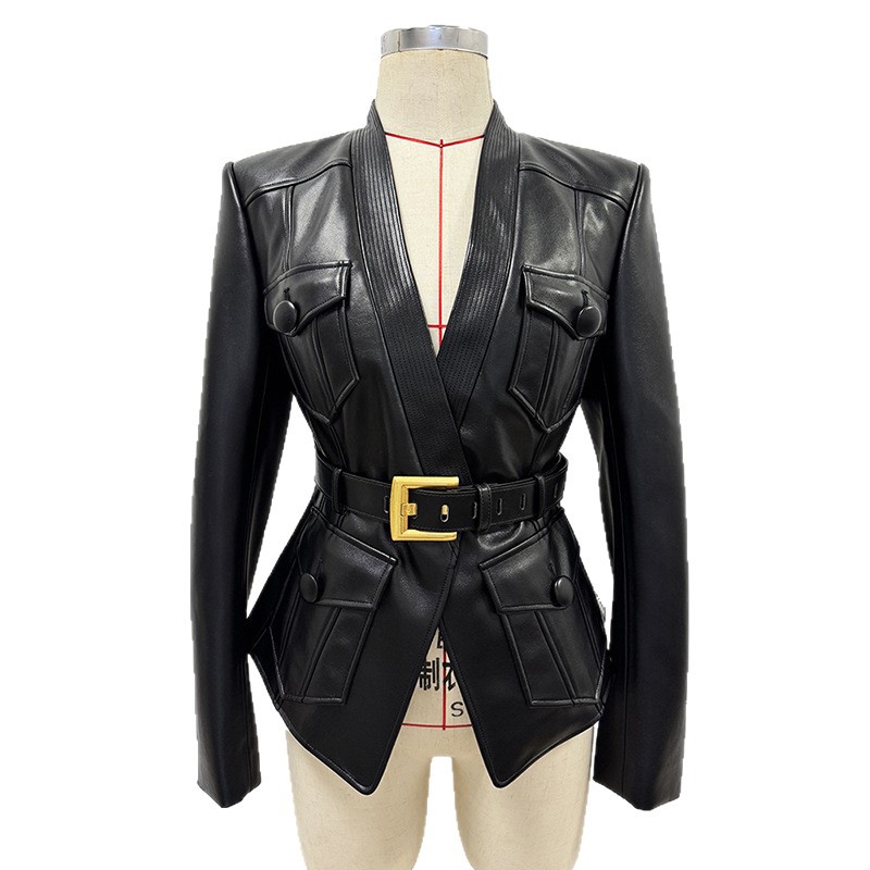 Fashionable Black Leather Jacket With Belt - Image 5