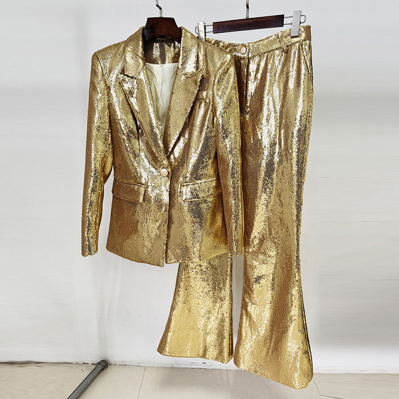 Gold Sequin Blazer And Trouser Set Stylish Two-Piece - Image 6