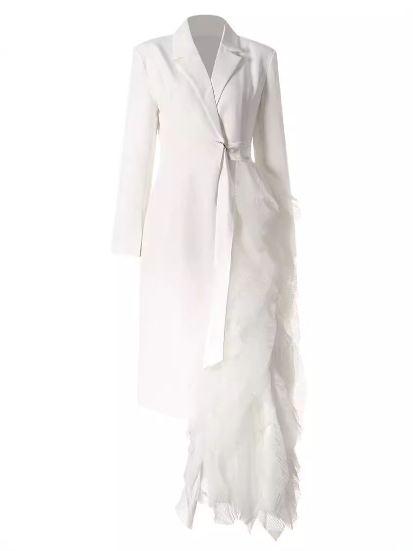 Asymmetrical Suit Dress With Tulle Details Elegant Maxi Coat - Image 2