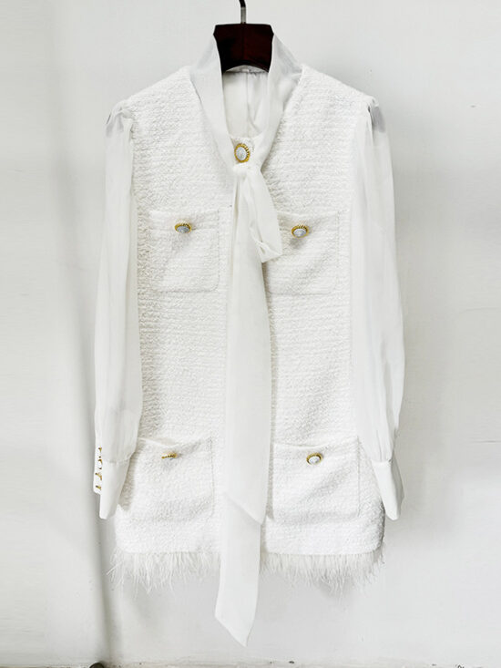 Chic Feather Hem Chiffon Dress With Boucle Paneling