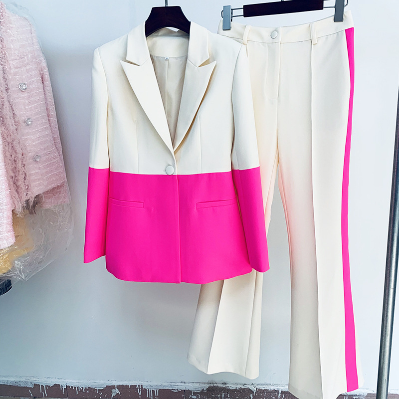 Trendy Color Block Blazer And Flared Pants Set - Image 2