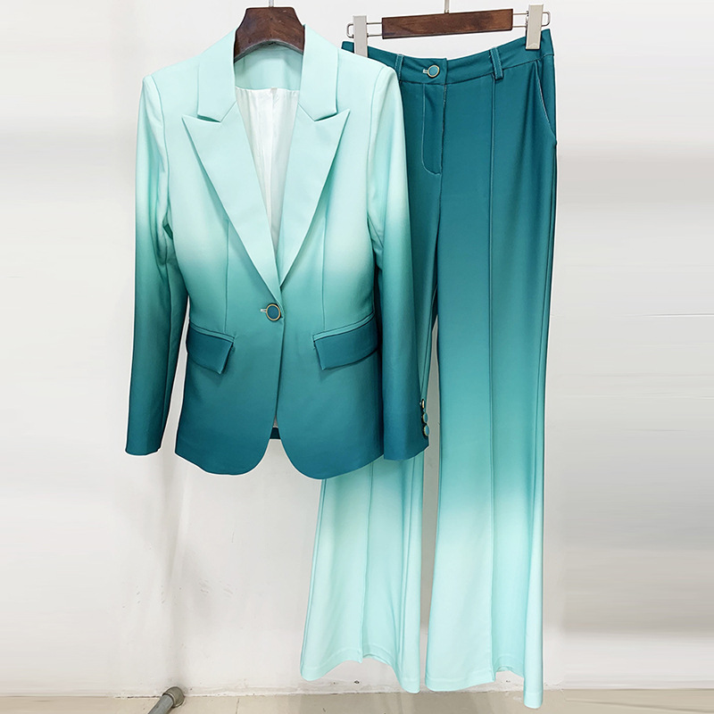 Fashionable Gradient Color Blazer And Flared Pants Set - Image 6