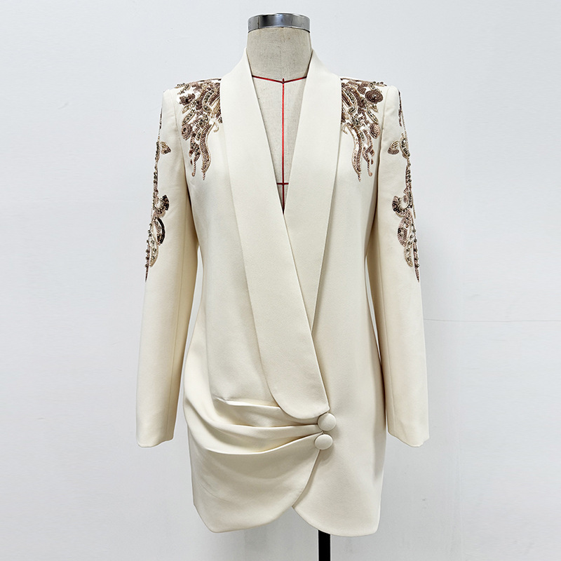 Fashionable Elegant Beaded Mini Dress With Mandarin Collar
