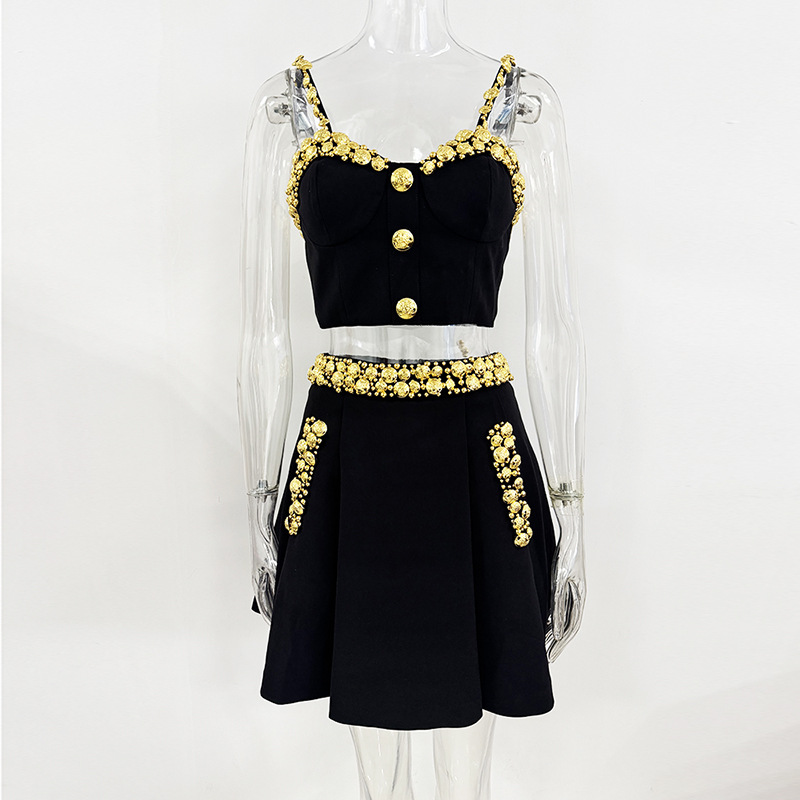Fashionable Gold Button Decorated Cami Top And Maxi Skirt Set - Image 2