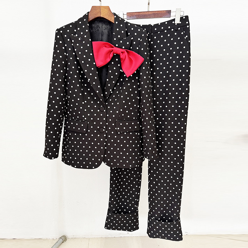Polka Dot Blazer And Trousers Set With Bow Decoration - Image 6