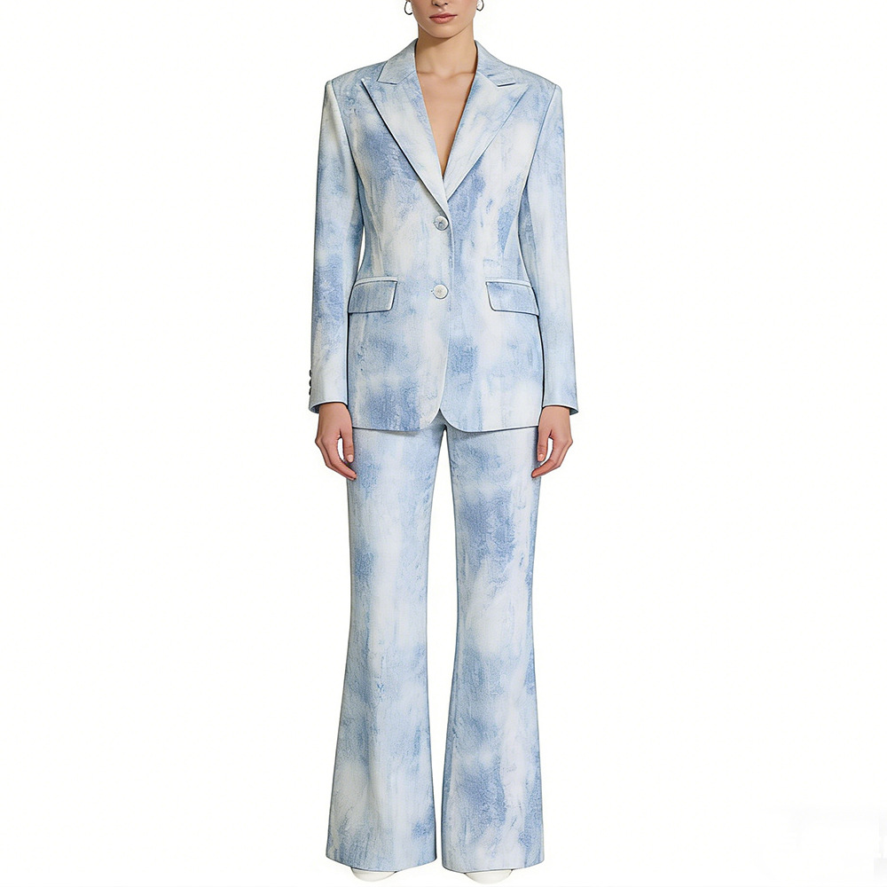 Abstract Print Cotton Blazer And Trousers Set Stylish Casual Outfit - Image 5