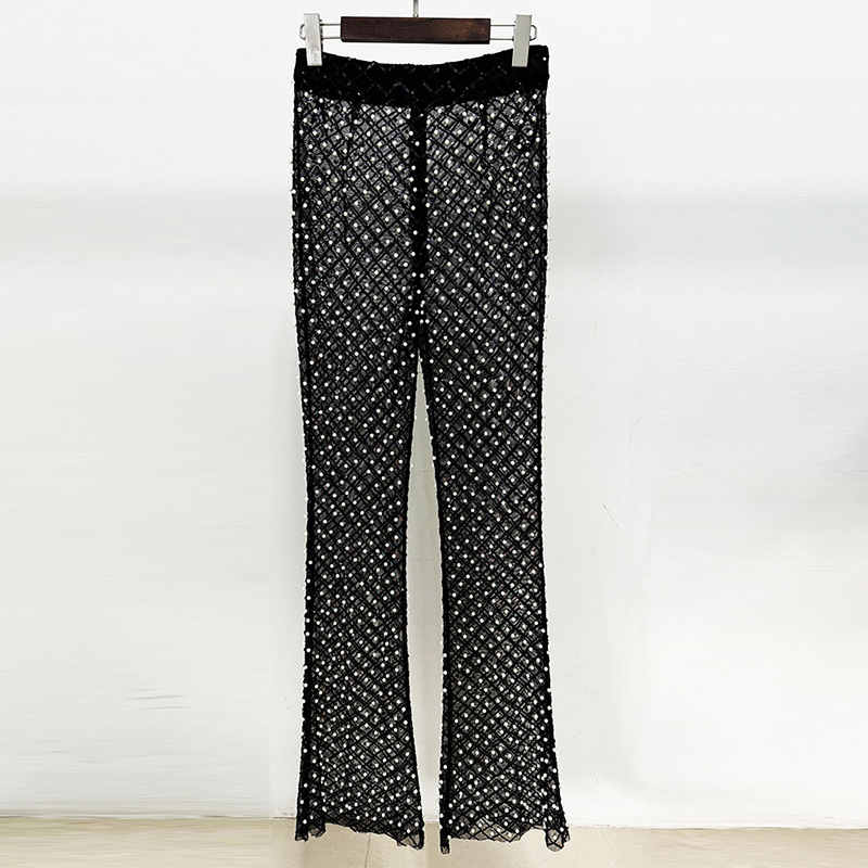 Trendy Hollow Floral Beaded Blazer Pants Set - Image 9