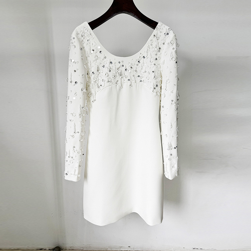 Long Sleeve U-Neck Sequin Dress Elegant Mini Cocktail Dress - Image 3