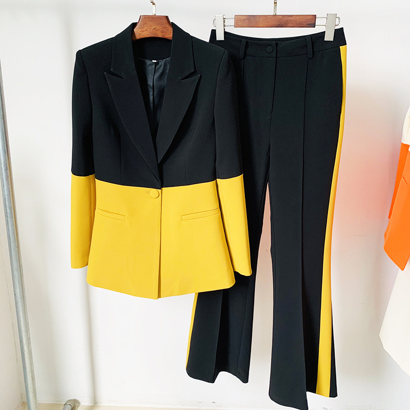 Trendy Color Block Blazer And Flared Pants Set - Image 9