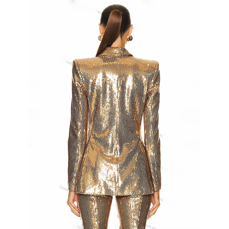 Gold Sequin Blazer And Trouser Set Stylish Two-Piece - Image 2