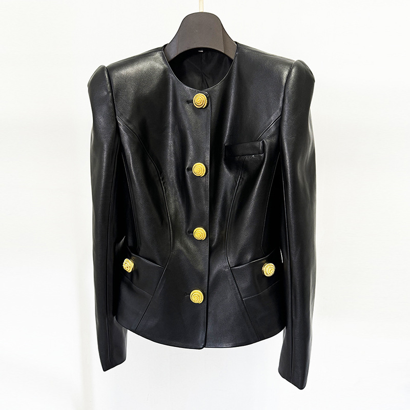 Fashionable Slim Fit Black Pu Leather Jacket With Snail Metal Buttons - Image 6