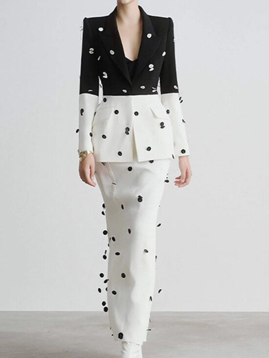 New Color-Blocked Sequined Blazer And Mermaid Skirt Set