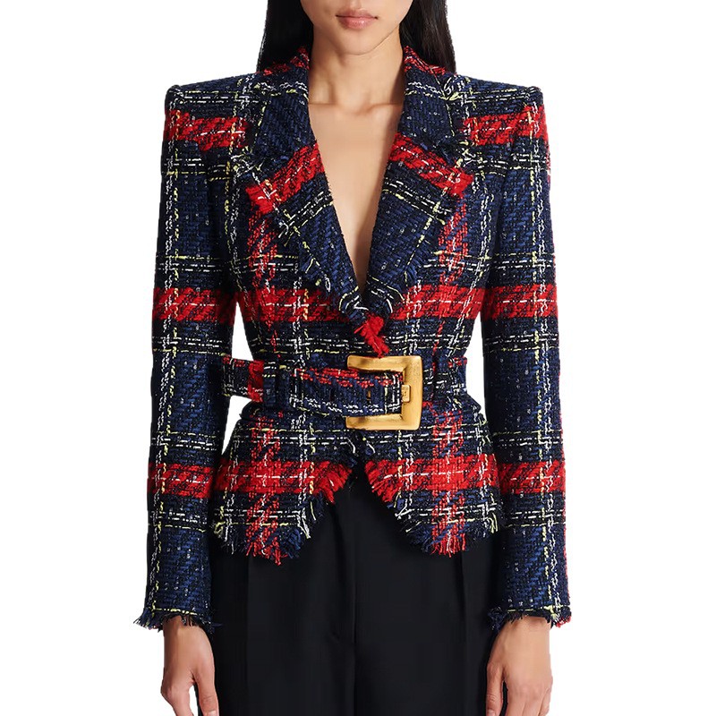 Trendy Checkered Tweed Blazer With Waist Tie - Image 5