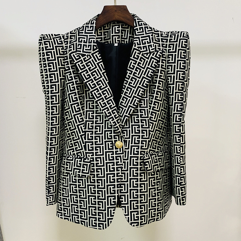 Stylish Geometric Pattern Blazer With Single Button Closure - Image 6