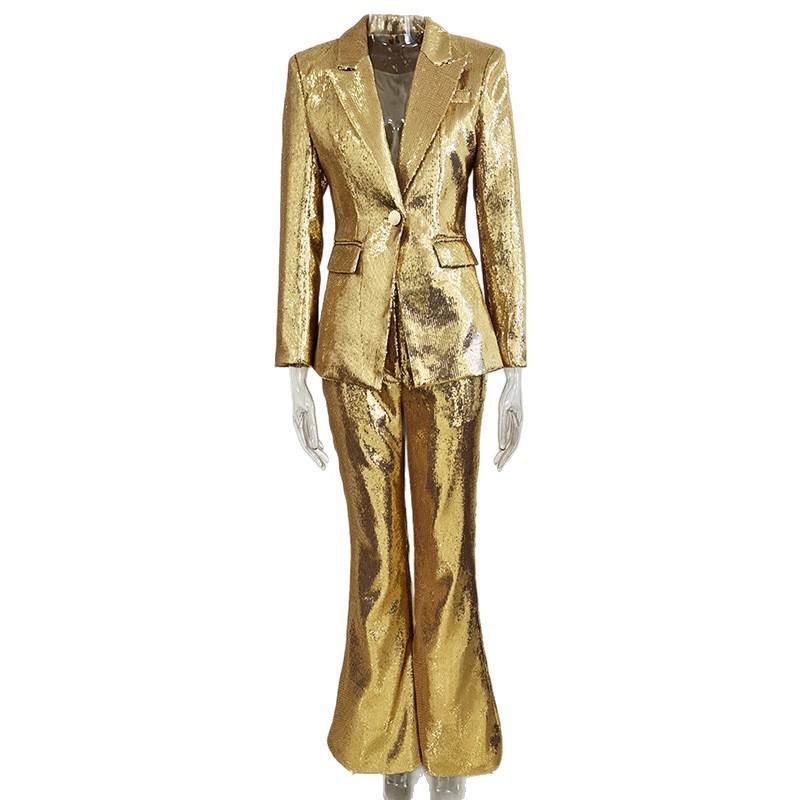 Gold Sequin Blazer And Trouser Set Stylish Two-Piece - Image 5