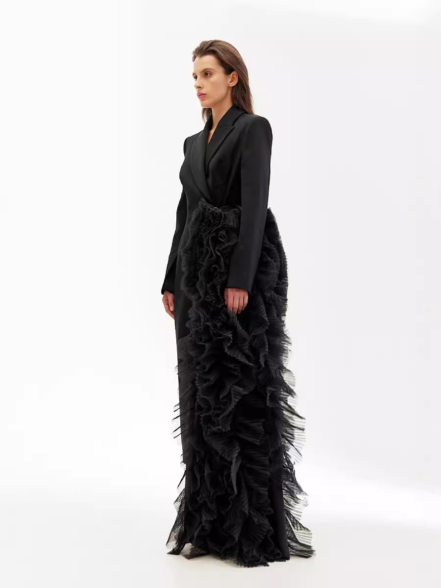 Asymmetrical Suit Dress With Tulle Details Elegant Maxi Coat - Image 3