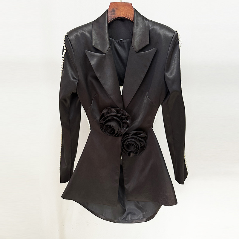 Trendy Hollow Floral Beaded Blazer Pants Set - Image 8