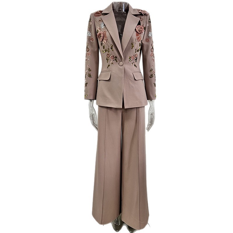 Fashionable Beaded Floral Jacket And Wide-Leg Pant Set - Image 5
