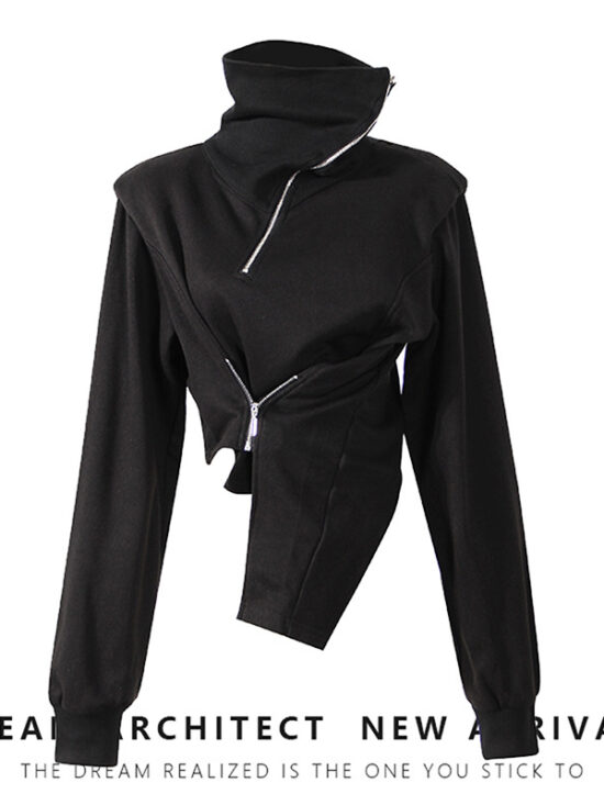 High Neck Cropped Sweatshirt With Asymmetric Hem