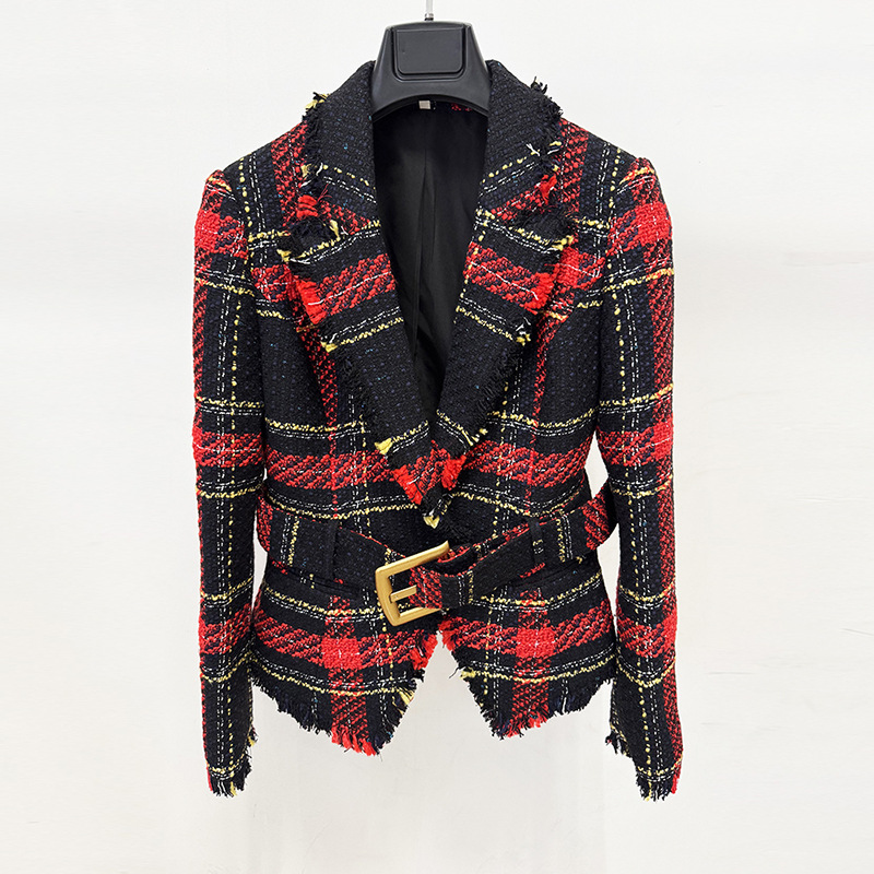 Trendy Checkered Tweed Blazer With Waist Tie - Image 6