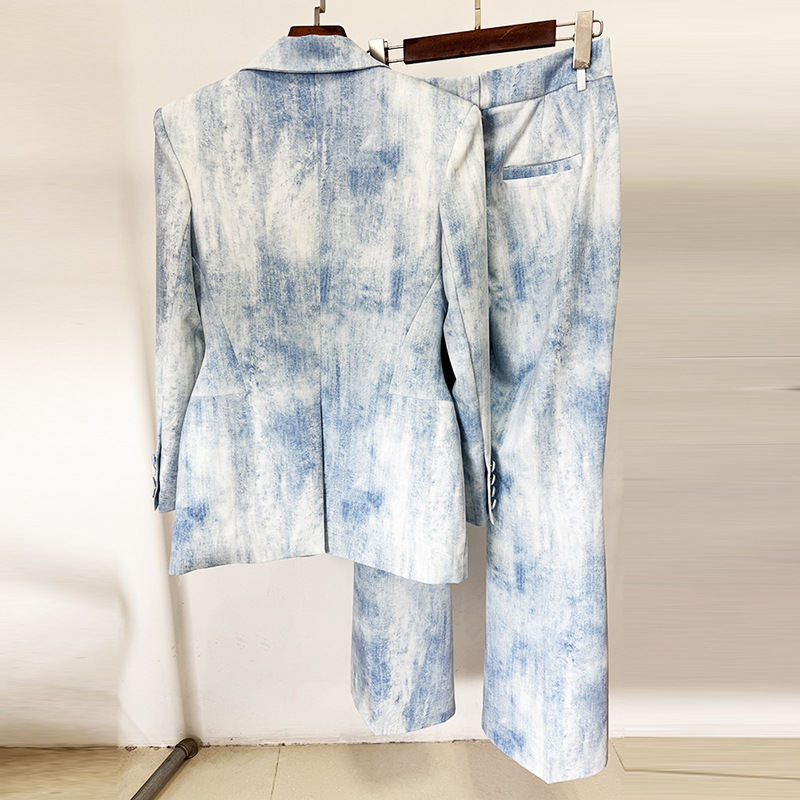 Abstract Print Cotton Blazer And Trousers Set Stylish Casual Outfit - Image 3