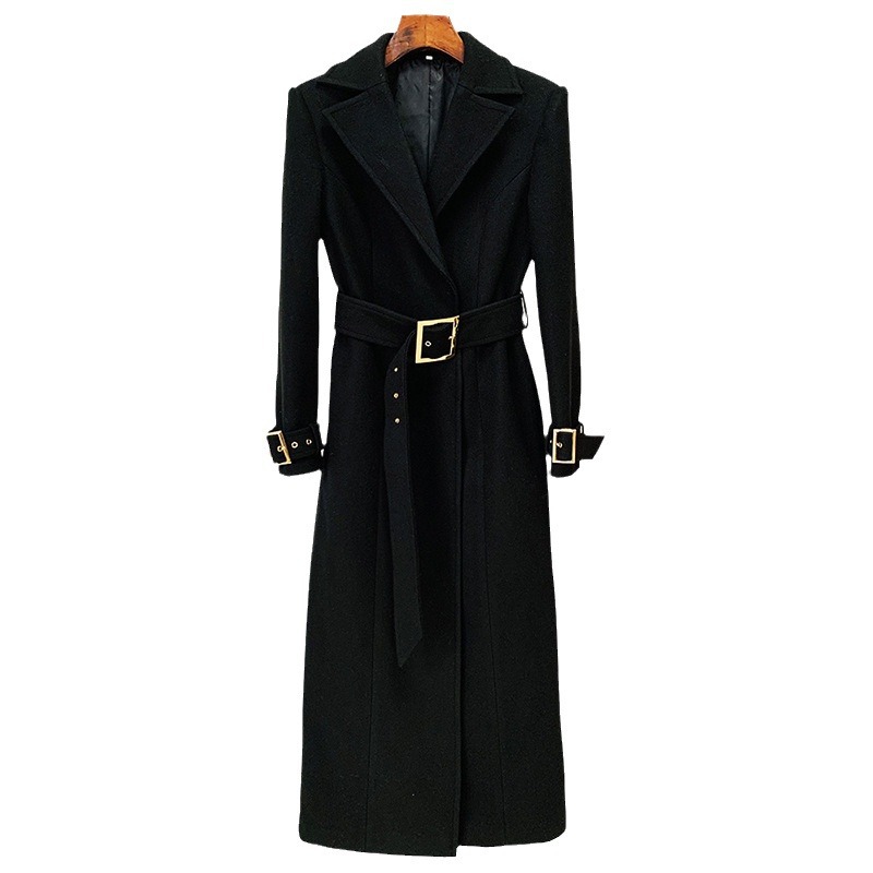 Trendy Black Long Woolen Coat With Belt - Image 5