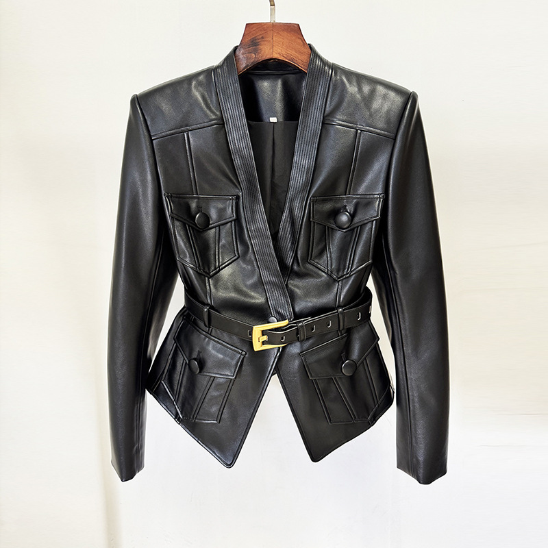 Fashionable Black Leather Jacket With Belt - Image 6