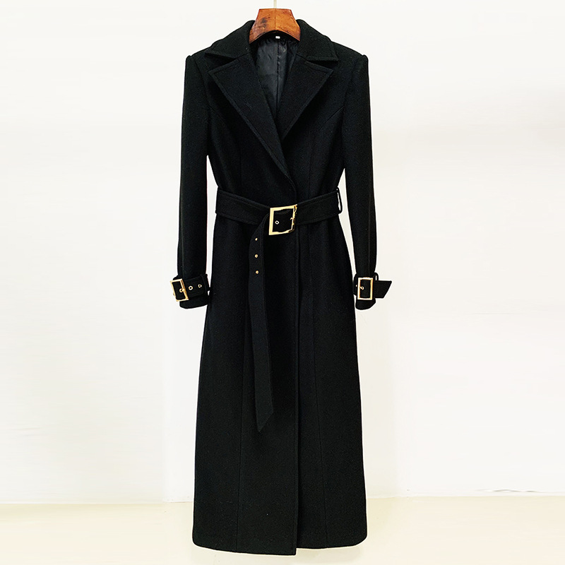 Trendy Black Long Woolen Coat With Belt - Image 6