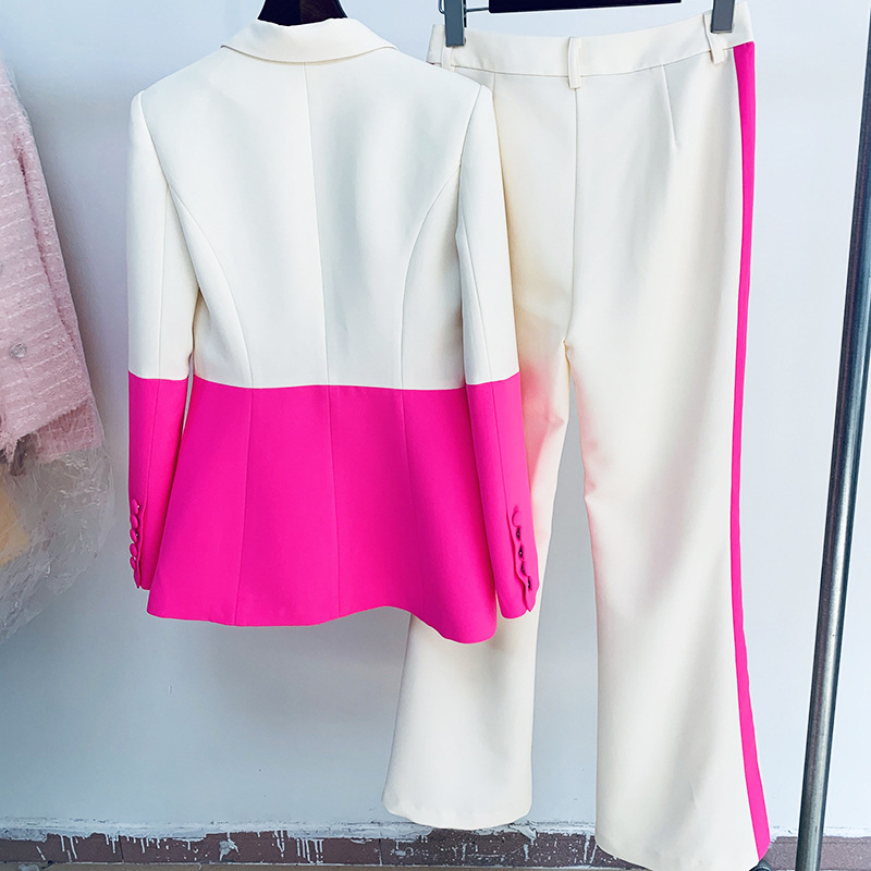 Trendy Color Block Blazer And Flared Pants Set - Image 3