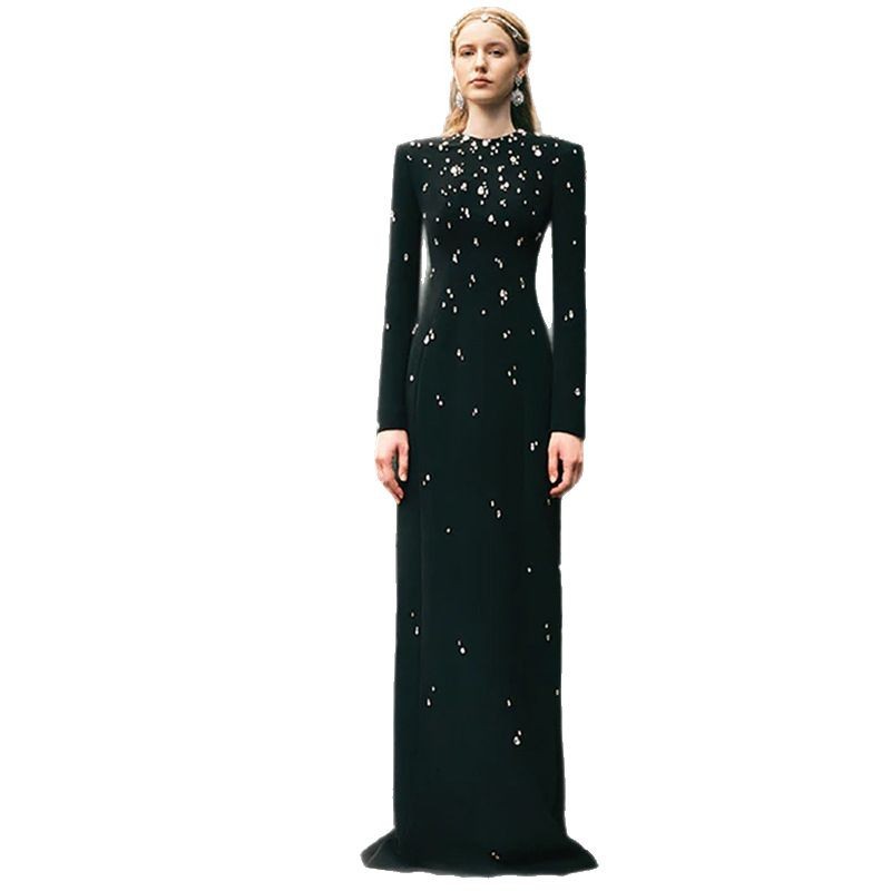 Elegant Long Sleeve A-Line Dress With Beading And Rhinestones - Image 5