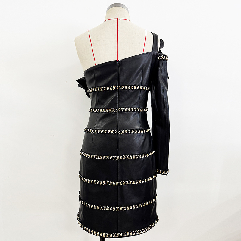 Stylish Asymmetrical Ruffled One-Shoulder Pu Dress - Image 3