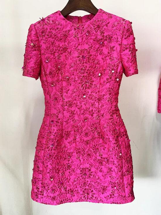 Fashionable Rose Pink Embroidered Short Sleeve Dress