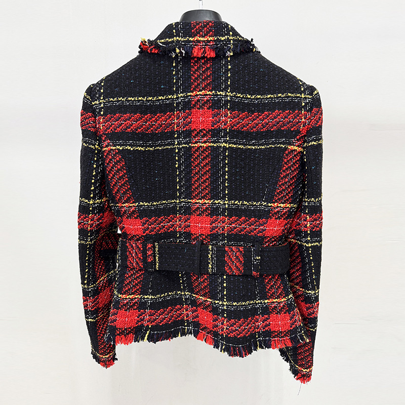 Trendy Checkered Tweed Blazer With Waist Tie - Image 4