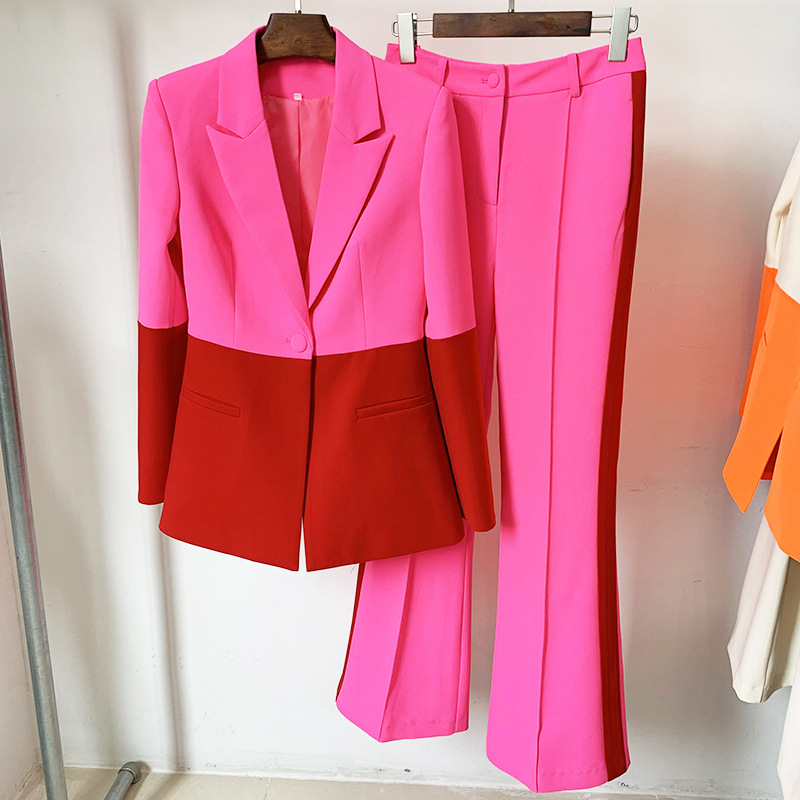 Trendy Color Block Blazer And Flared Pants Set - Image 7