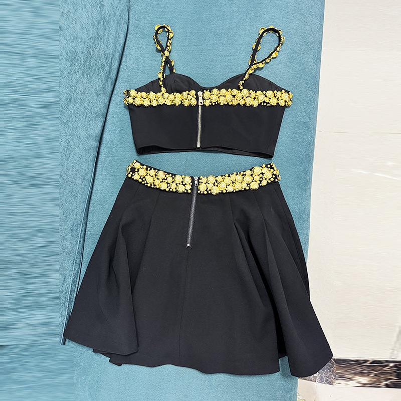 Fashionable Gold Button Decorated Cami Top And Maxi Skirt Set - Image 4