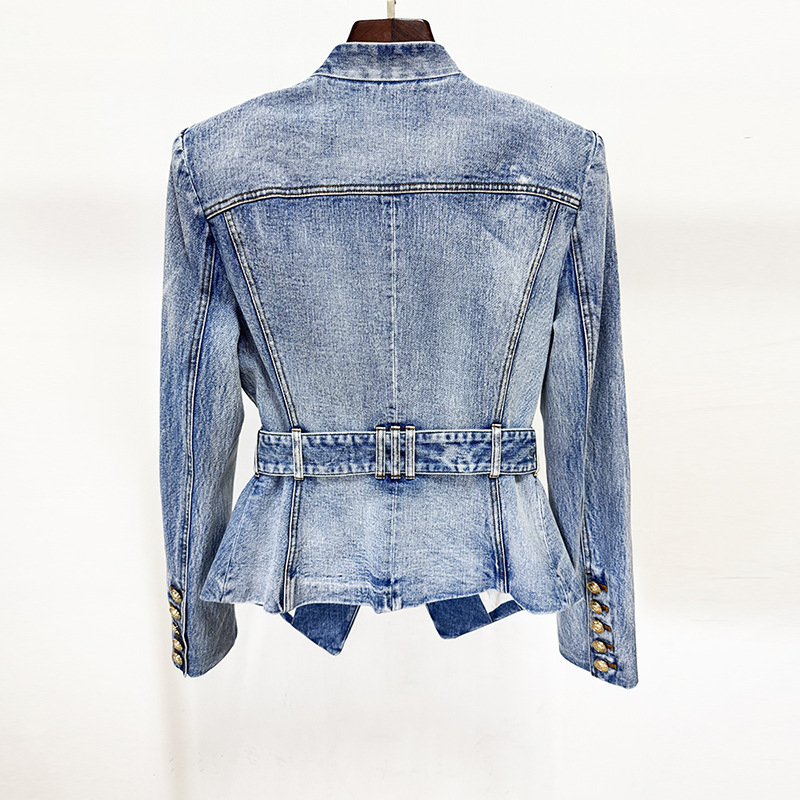 Trendy Slim-Fit Denim Blazer With Belt - Image 3