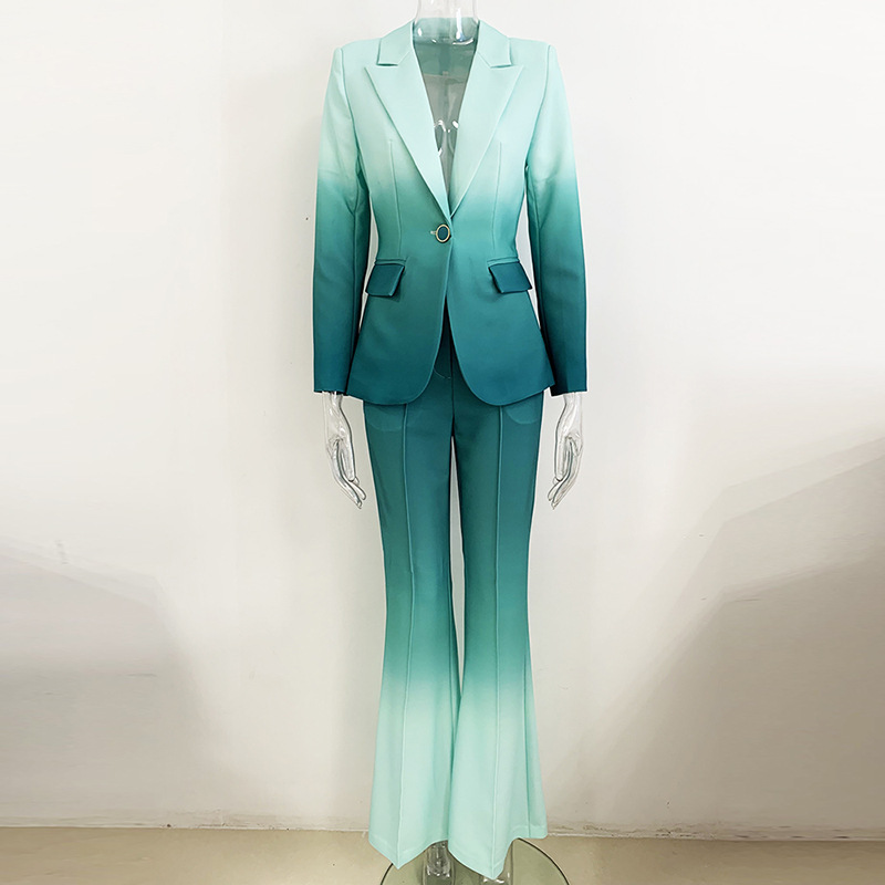 Fashionable Gradient Color Blazer And Flared Pants Set - Image 2