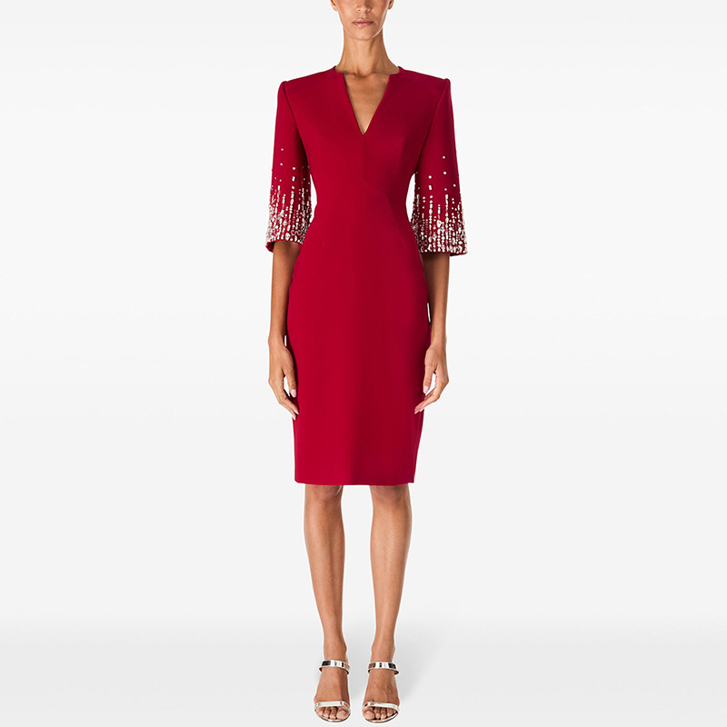 V-Neck Knee-Length Dress With Beaded Details For Parties - Image 2