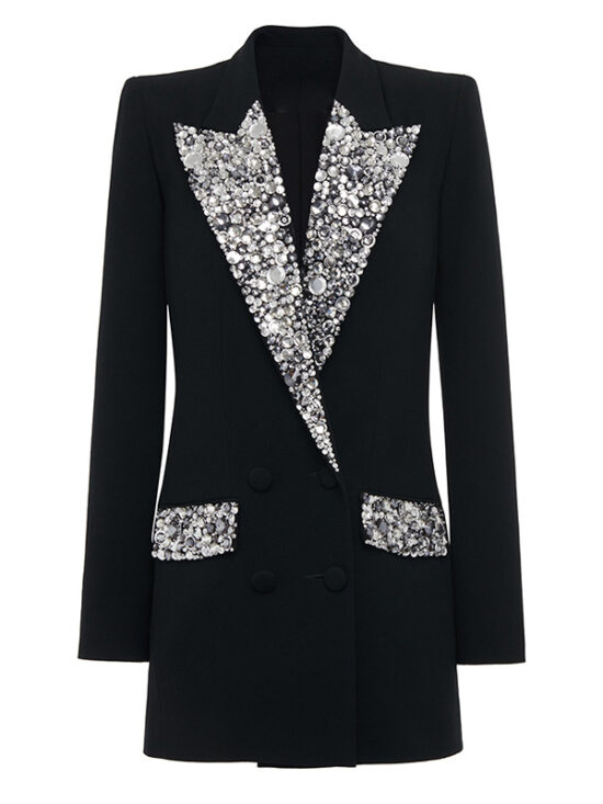 Elegant Tailored Long Blazer With Beaded Embellishments