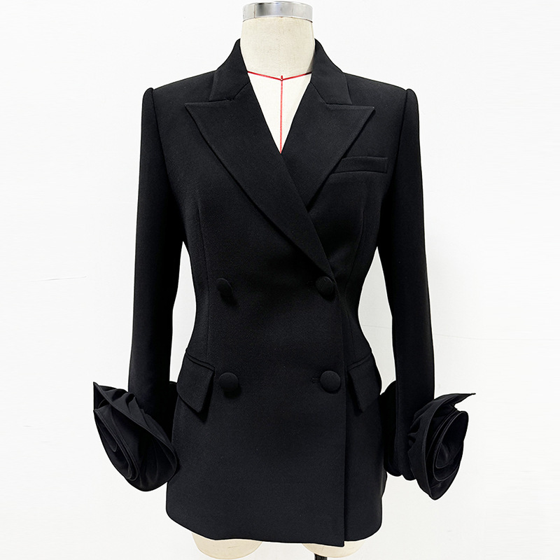Stylish Double-Breasted Floral Embellished Blazer Jacket - Image 6