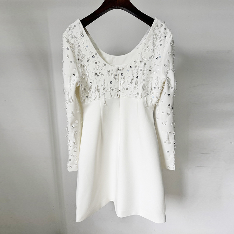 Long Sleeve U-Neck Sequin Dress Elegant Mini Cocktail Dress - Image 4