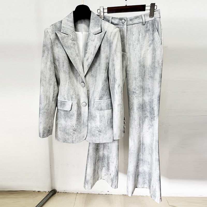 Abstract Print Cotton Blazer And Trousers Set Stylish Casual Outfit - Image 4