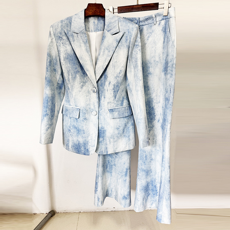 Abstract Print Cotton Blazer And Trousers Set Stylish Casual Outfit - Image 2