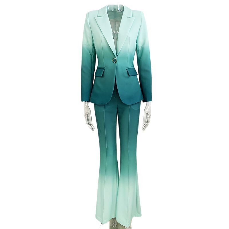 Fashionable Gradient Color Blazer And Flared Pants Set - Image 5